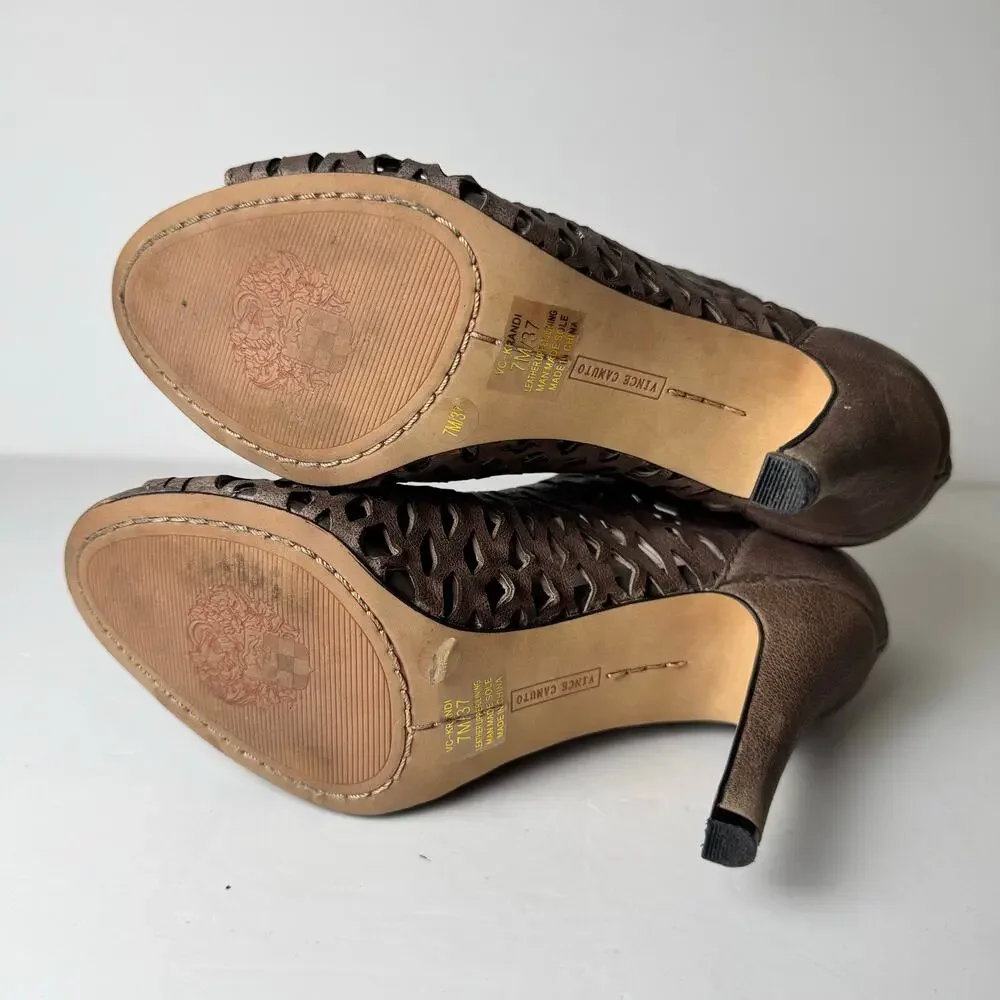 Vince Camuto Kandi Cutout Peep Toe Ankle Booties Brown Leather 7M Boho DateNight